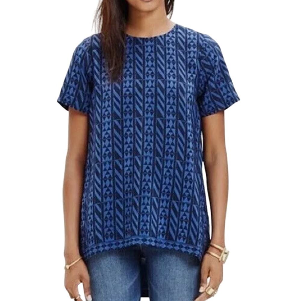 Madewell Blue Geometric Stripe Silk Tailored Top Small
